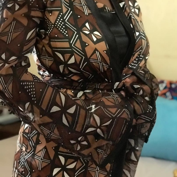 Silk African Print Sleepwear Set BLK Brown Size L - Picture 3 of 5